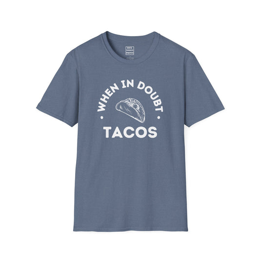 Image of cotton t-shirt with words "when in doubt, tacos" and an image of a taco.