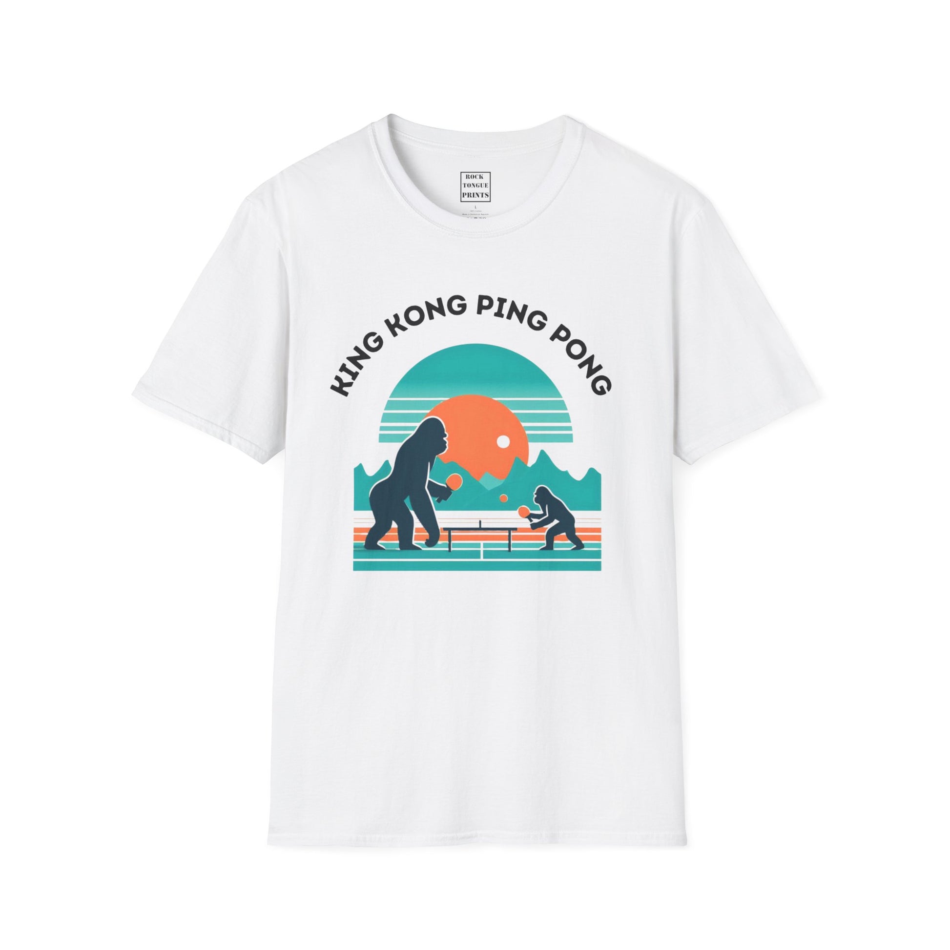 Picture of t-shirt with AI-generated image of two king kongs playing ping pong in a desert landscape.
