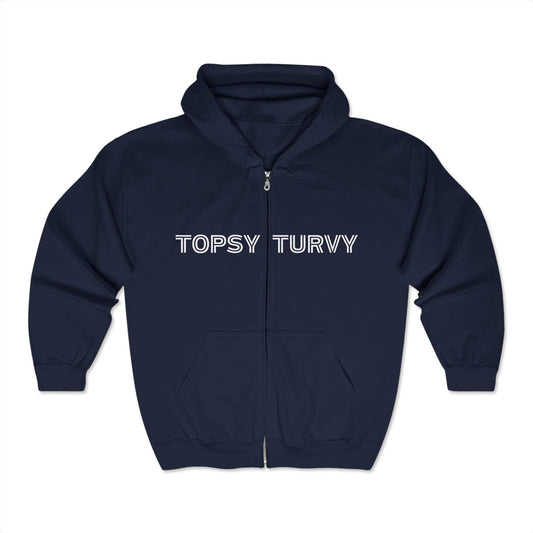 Image of a full-zip hoodie with the words Topsy-Turvy" across the chest.