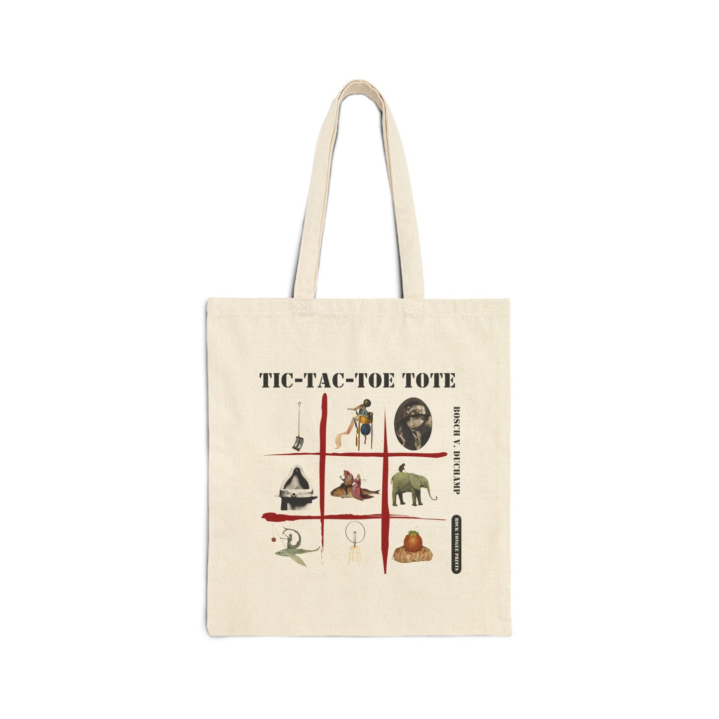 Image of cotton canvas tote with ti-tac-toe board filled with details from art works by Hieronymus Bosch and Marcel Duchamp instead of x's and o's.
