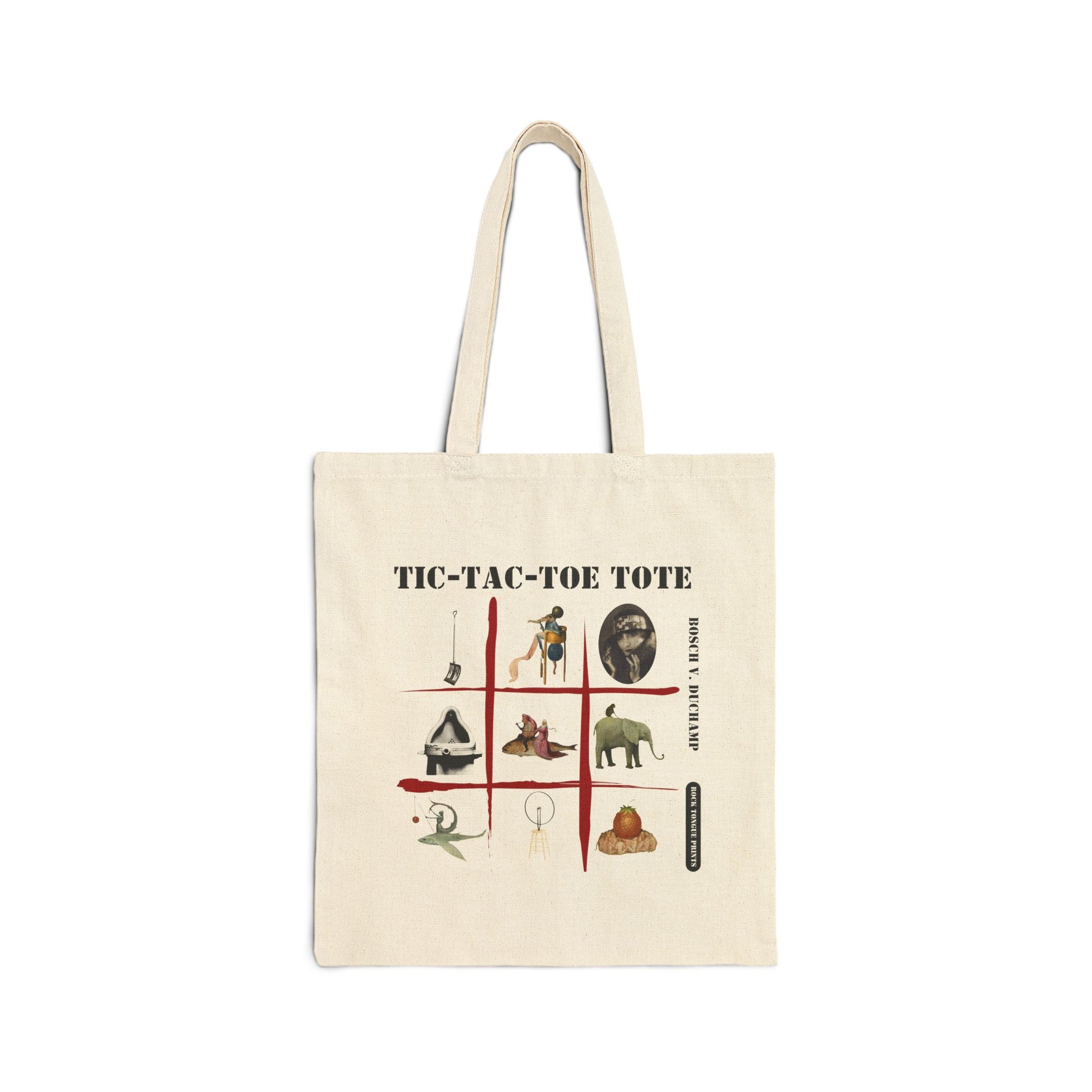 Image of cotton canvas tote with ti-tac-toe board filled with details from art works by Hieronymus Bosch and Marcel Duchamp instead of x's and o's.
